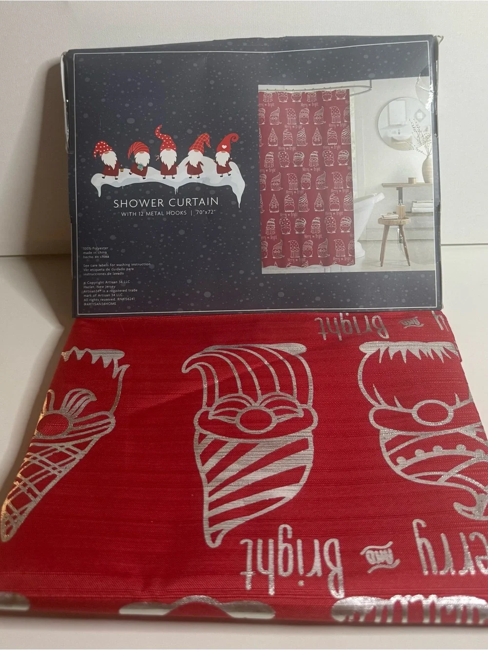 Shower Curtain Red Gnome Holiday Decor with 12 Metal Hooks by Artisan 31